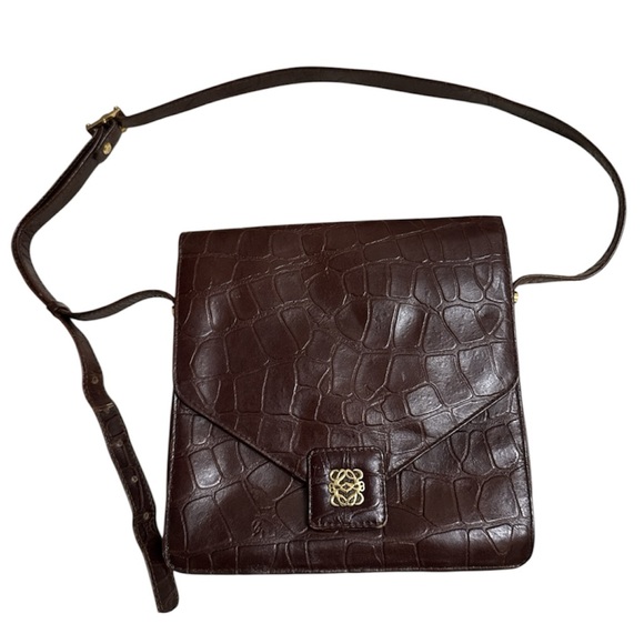 Loewe Handbags - VINTAGE Loewe Dark Brown Croc-Embossed Crossbody Bag